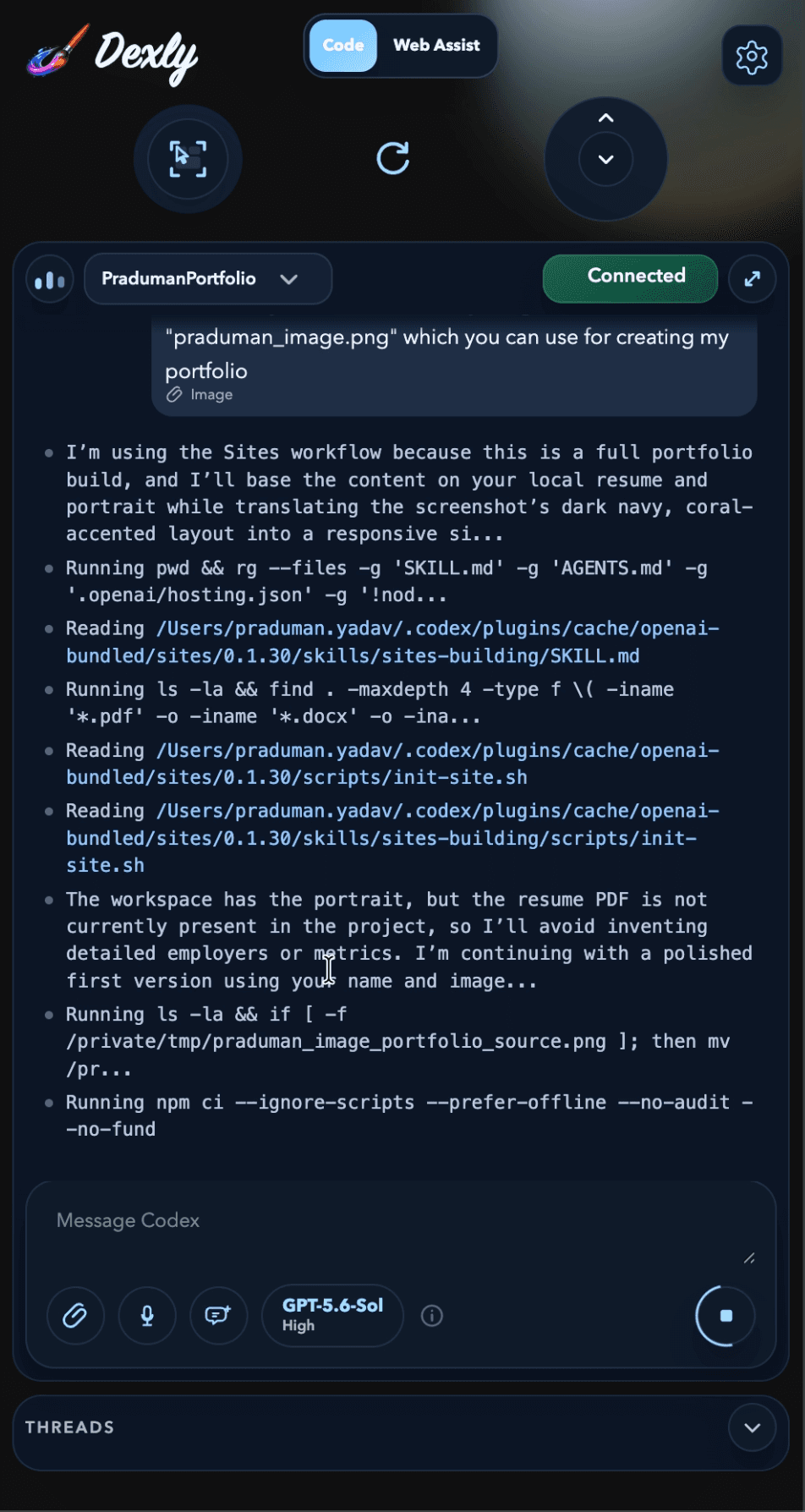 Dexly Code Assist side panel connected to a local Codex workspace