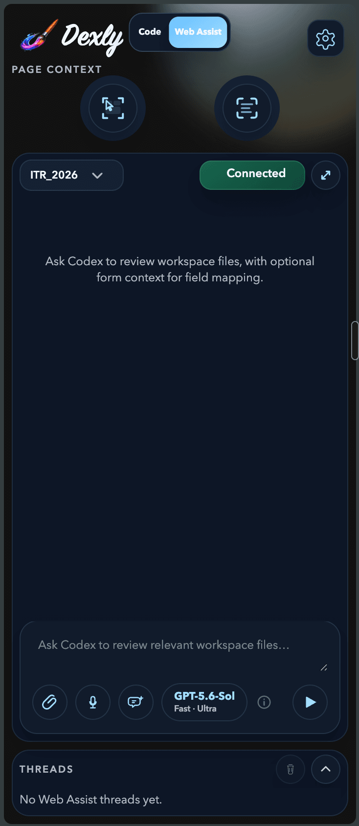 Dexly Web Assist side panel with page-context controls